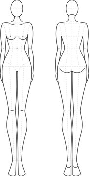 Sketch of the female body. Front and back view.Technical drawing with main lines. 