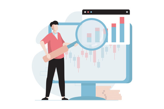 Stock market concept with people scene in flat design. Man with magnifier analyzes growing financial statistics and stock performance on exchange. Vector illustration with character situation for web