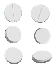 Set of medical white pills. Flat and convex pills in 3d style with shadow isolated on white background. View from above. Realistic illustration
