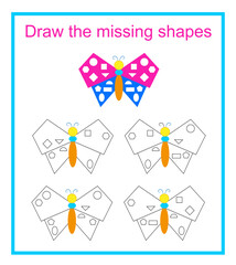 Fototapeta na wymiar Draw the missing shapes. Learn shapes and basic geometric figures. Preschool worksheet. Vector illustration