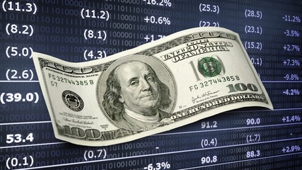 Money banknotes and screen with business chart