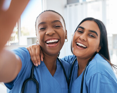 Healthcare, selfie and portrait of doctors working at a hospital, happy and smile while bonding and having fun. Face, nurse and medical intern women friends, pose and embrace for picture at a clinic
