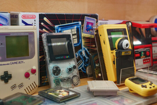 Tallinn, Estonia - 21.05.2022: LVLup! Video Game Museum, Handheld game consoles