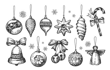 Fototapeta Retro Christmas decorations and balls collection. Vintage holiday elements set. Hand drawn sketch vector illustration obraz