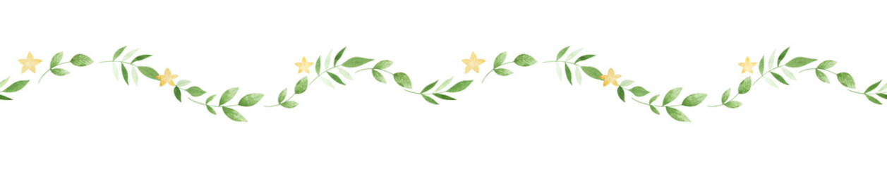 Watercolor seamless border with stars and greenery. Delicate repeatable frame for creative design