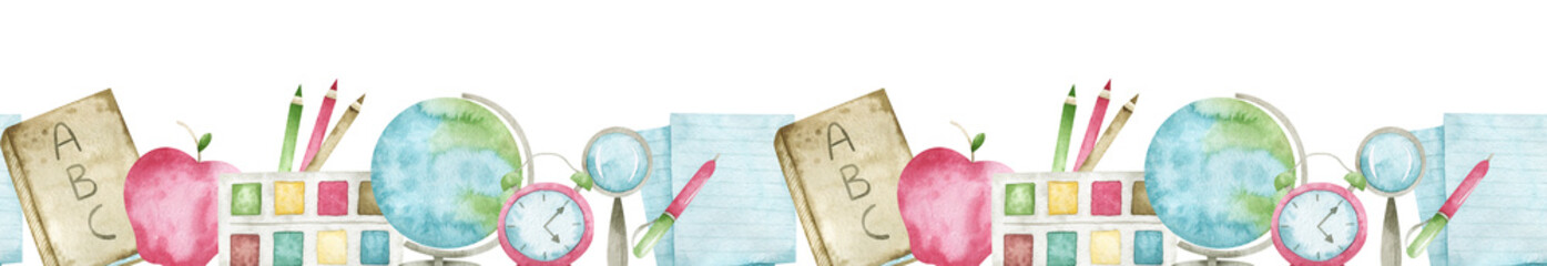 Watercolor seamless border with apples, pens, alarm clock, crayons, books, globe, paints. Colorful horizontal school frame for creative design