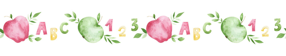 Watercolor seamless border with apples, numbers and greenery. Colorful horizontal school frame for creative design