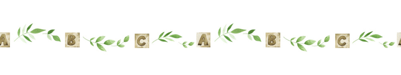 Watercolor seamless border with letters and greenery. Delicate repeatable school frame for creative design