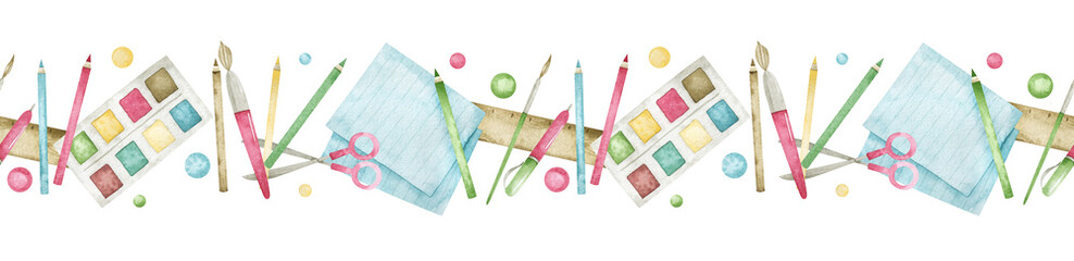 Watercolor seamless border with brushes, crayons, paints, paper, pens, rulers and scissors. Colorful repeatable school frame for creative design