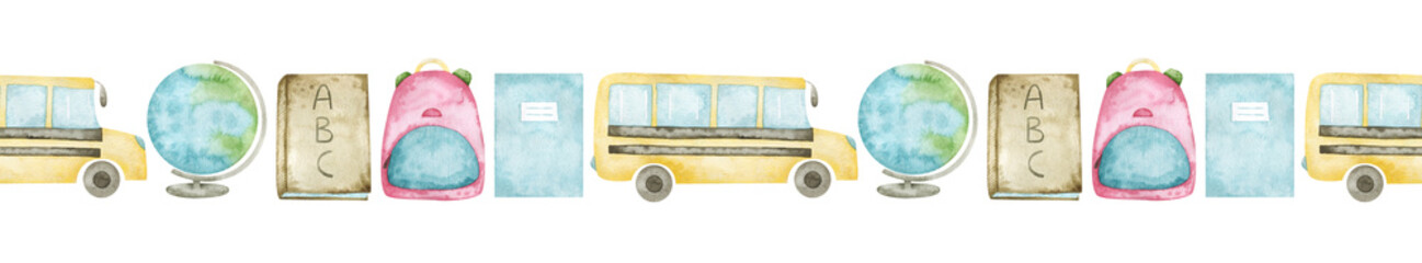 Watercolor seamless border with bus, globe, book, bag and notebook. Colorful repeatable school frame for creative design