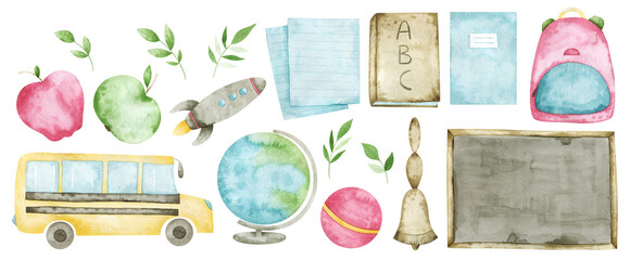 Watercolor set with school bus, globe, chalkboard, book, bag, textbook, notebook, rocket, apples, ball and greenery. Cute illustrations for creative design