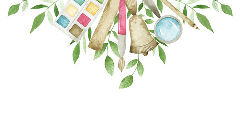 Watercolor arrangement with brush, ruler, magnifying glass, watercolor paints and greenery. Cute school composition for creative design