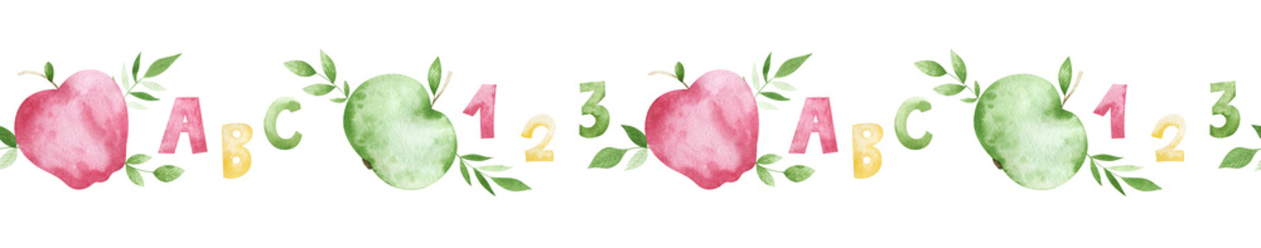 Watercolor seamless border with apples, numbers and greenery. Colorful horizontal school frame for creative design