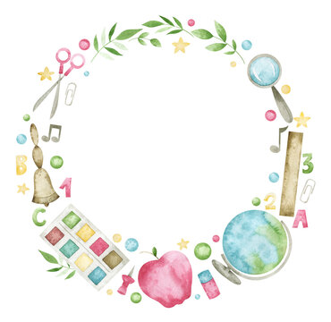 Watercolor wreath with globe, apple, paints, bell, scissors, ruler and greenery. Cute school frame for creative design