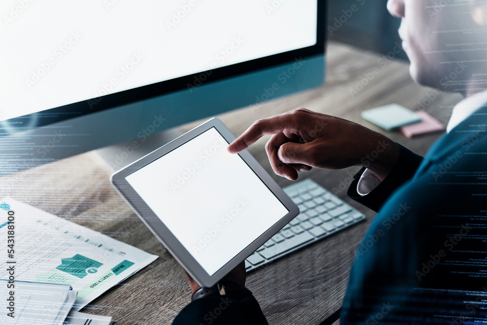 Poster tablet, computer and mock up businessman hands for digital market research, fintech system analytics