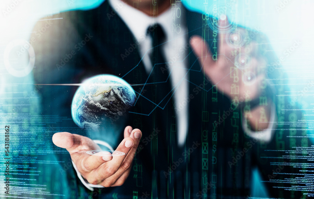 Aufkleber Digital overlay, earth hologram and network connection infrastructure for futuristic communication, global technology system and 5g blockchain. Big data, cloud computing and mobile software solution