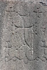 Khachkars near the 11th-century Church in Vahramashen, near the Amberd fortress. May 3, 2019, Armenia.