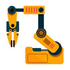 Arm of robotic machine on factory, technological line. Vector illustration of robot hand for manufacture isolated on white