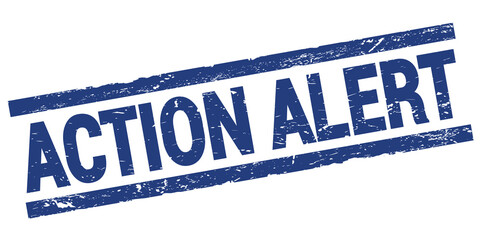 ACTION ALERT text on blue rectangle stamp sign.