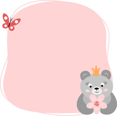 Nursery card template with princess baby bear and butterfly in pink and grey pastel colors. Perfect for baby shower, kids party, birthdays or invitations. Vector isolated illustration in flat style.