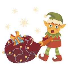 christmas elf dragging a big bag with gifts vector christmas new year