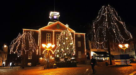 Danish city hall decorated with christmas lights and a tree glowing at night in December