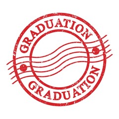 GRADUATION, text written on red postal stamp.