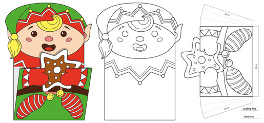 Christmas paper pocket with elf for advent calendar. Coloring page for kids creativity