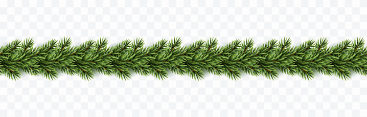 Christmas tree garland seamless banner. Border with green fir branches isolated on transparent background. Vector pine, xmas evergreen plants element template - obrazy, fototapety, plakaty