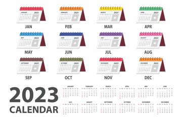 2023 calendar vector illustration. Simple classic monthly calendar for 2023 with clipart of multicolor desk calendar. The week starts on Sunday. Minimalist calendar planner 2023 year template printing