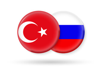 Russia and Turkey circle flags. 3d icon. Round Turkish and Russian national symbols. Vector illustration.