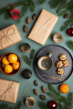A studio photo of a christmas presents and coffee
