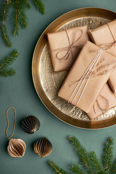 christmas presents and ornaments in studio