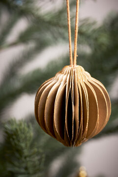 closeup of gold decoration and ornaments for christmas tree
