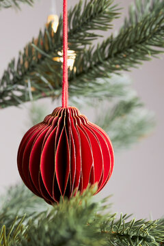 closeup of red decoration and ornaments for christmas tree