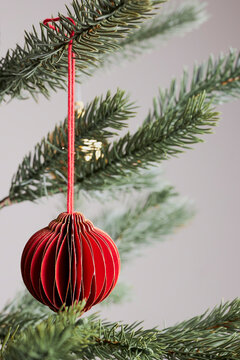 closeup of red decoration and ornaments for christmas tree