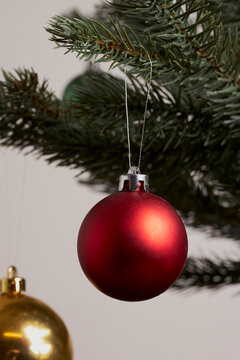 closeup of red decoration and ornaments for christmas tree