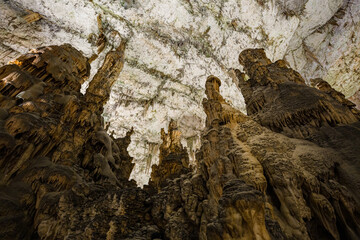 Under the ground. Beautiful view of stalactites and stalagmites in an underground cavern - Postojna cave, Slovenia, Europe