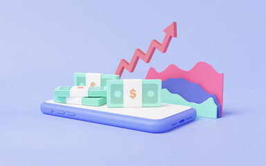 Budget fund digital grow chart marketing concept. Search Engine, optimization online finance business growth web arrow analytics chart graph with banknote stack on mobile. 3d render illustation
