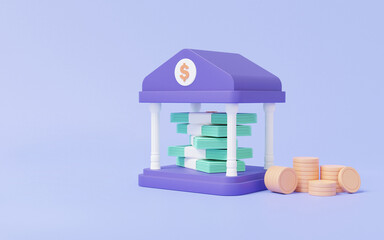 3d render Cartoon minimal purple bank building with banknote and coins stack, Business investment finance concept. money deposit transaction security. financial budget fund economics. illustration