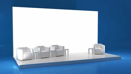 Empty stage design for mockup and corporate identity, display. Platform elements in hall. Blank screen system for graphic Resources. Scene event led night light staging. 3d rendering for online.