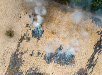 Aerial view of agriculture farm with smoke from crop fire burning releases carbon dioxide....