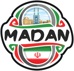 Madan Iran Flag Travel Souvenir Sticker Skyline Landmark Logo Badge Stamp Seal Emblem EPS
