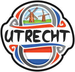 Utrecht Netherlands Flag Travel Souvenir Sticker Skyline Landmark Logo Badge Stamp Seal Emblem EPS