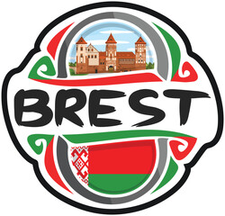 Brest Belarus Flag Travel Souvenir Sticker Skyline Landmark Logo Badge Stamp Seal Emblem EPS