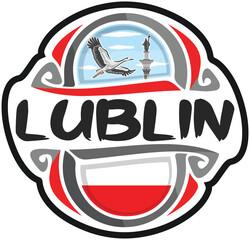 Lublin Poland Flag Travel Souvenir Sticker Skyline Landmark Logo Badge Stamp Seal Emblem EPS - obrazy, fototapety, plakaty