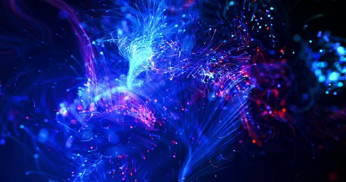 Abstract 3D Background Animation. Futuristic Optical Fibers. Electrical Signals Flowing Inside Of Complex Network. Technology Related 3D Animation.