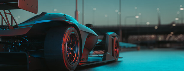 Seite F1 auf der Autobahn, schwarzer Rennwagen bei Nacht Hintergrundunschärfe auf der Straße, 3D-Rendering und Illustrator