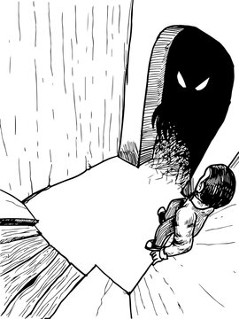 A sketch of a dark room entrance with a hidden monster inside. Vector illustration