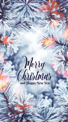 Christmas background for mobile with twigs, lights and text